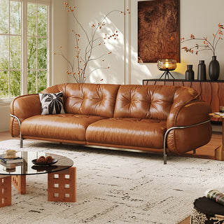 JASIWAY luxurious 3-seater modern couch featuring premium tufted genuine leather upholstery and a sleek wraparound sturdy frame, designed for contemporary living room aesthetics with deep-buttoned cushioning and ergonomic support.-Three-quarter view