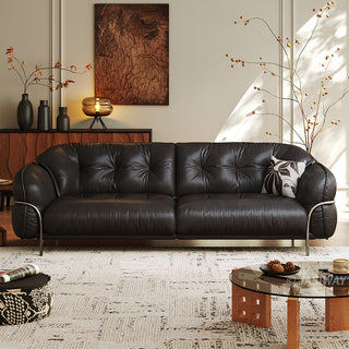 JASIWAY luxurious 3-seater modern couch featuring premium tufted genuine leather upholstery and a sleek wraparound sturdy frame, designed for contemporary living room aesthetics with deep-buttoned cushioning and ergonomic support.-Front view