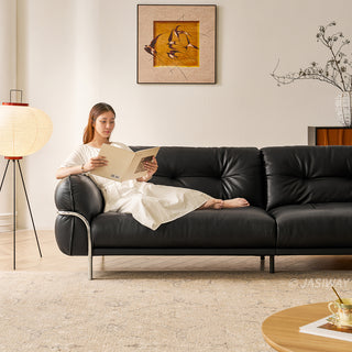 JASIWAY luxurious 3-seater modern couch featuring premium tufted genuine leather upholstery and a sleek wraparound sturdy frame, designed for contemporary living room aesthetics with deep-buttoned cushioning and ergonomic support.-Medium shot