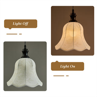 This comparative image showcases the bell-shaped pendant light in both "Light Off" and "Light On" states. The off-state highlights the subtle, intricate floral embroidery on the scalloped fabric shade, while the on-state reveals how it diffuses a warm, inviting glow. This design demonstrates the fixture's versatility and artisanal quality, making it a sophisticated addition to any curated interior.