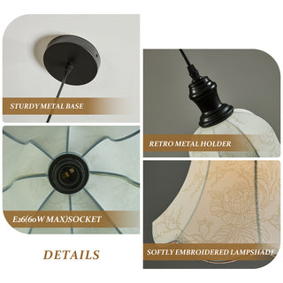 This detailed view highlights the key components of the pendant light, including a sturdy metal base and a retro metal holder. It features a standard E26 socket that supports up to 60W, ensuring reliable performance. The design is finished with a softly embroidered fabric lampshade, showcasing the refined craftsmanship and artisanal quality of the fixture.