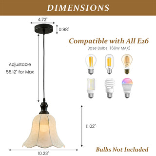 This diagram outlines the dimensions and compatibility for the pendant light, featuring a shade height of 11.02 inches and a width of 10.23 inches. The ceiling canopy measures 4.72 inches in diameter with a height of 0.98 inches, and the total suspension length is adjustable up to 55.12 inches. The fixture is compatible with all E26 base bulbs up to 60W, though please note that bulbs are not included with the product.