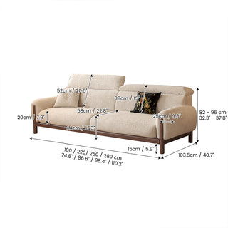 JASIWAY modern deep seat cloud couch featuring waterproof chenille fabric, adjustable ergonomic headrests, and a sturdy solid wood frame, designed as a luxury pet-friendly and family-oriented sofa for contemporary living rooms.-Dimensions chart
