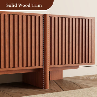 The close-up shot highlights the vertical slatted paneling of a reddish-brown wooden media console. A dashed outline highlights a rounded solid wood trim piece running vertically down the furniture. A wooden floor is visible at the bottom of the frame.