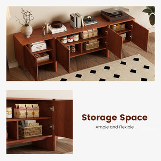 A product feature panel displays the text "Storage Space" alongside the subheading "Ample and Flexible". The top image shows a reddish-brown wooden media console with open cabinet doors revealing organized storage, while the bottom image offers a close-up of the interior shelving filled with boxes and food containers.