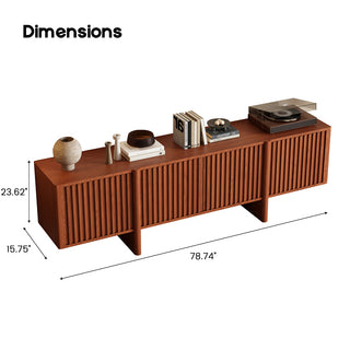 A product dimension diagram illustrates the measurements of the reddish-brown wooden media console. The overall length is 78.74 inches, while the depth measures 15.75 inches. The total height from the base to the top surface is indicated as 23.62 inches.