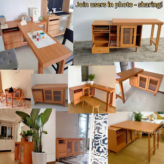 Collage image of various lifestyle and product setup shots showcasing a modern natural wood extendable dining table set and sideboard cabinet in different interior spaces.