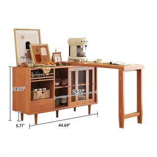 Technical specification diagram of a modern natural wood sideboard cabinet and extendable dining table showing detailed dimensions in inches, including height and width.