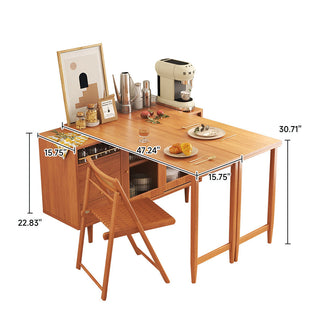 Technical specification diagram of a modern natural wood extendable dining table and sideboard with dimensions in inches, showing length, height, and table extension width.