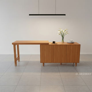 Minimalist studio shot of a modern natural wood extendable dining set and sideboard with clean lines, staged against a neutral grey background with simple table decor.