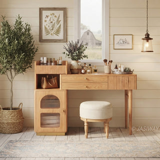 Modern farmhouse lifestyle view of a wooden vanity desk with fluted drawers, open shelving, and a matching upholstered stool in a rustic bedroom setting.