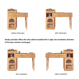 Technical specification diagram illustrating the telescopic extension and left or right installation options for a modern wooden vanity desk.