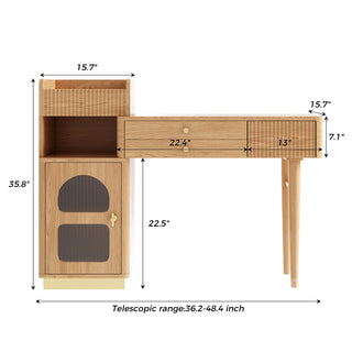 Technical dimension diagram displaying measurements and telescopic range for a modern wooden vanity desk.
