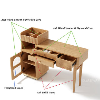 Technical diagram highlighting material construction details including ash wood veneer, plywood core, ash solid wood, and tempered glass for a modern wooden vanity desk.