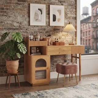 Urban loft lifestyle view of a modern wooden vanity desk with fluted storage and a matching stool against an exposed brick wall.