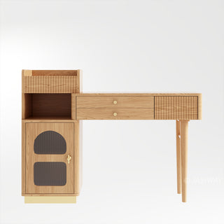 Studio product view of a modern wooden vanity desk with fluted storage and a side cabinet on a clean white background.