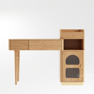 Studio product view of a modern wooden vanity desk with fluted storage and a side cabinet on a clean white background.