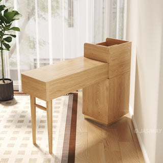 Japandi lifestyle view of a modern wooden vanity desk with fluted storage, a matching stool, and wall sconces in a serene bedroom setting.