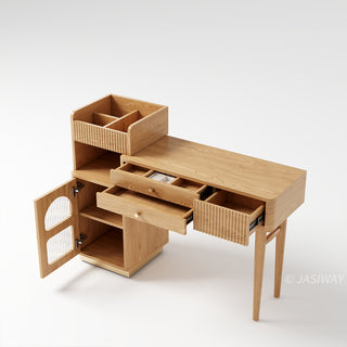High-angle studio view of a modern wooden vanity desk with open drawers and fluted cabinet doors on a neutral background.