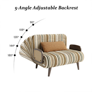 Technical diagram showing the 5-angle adjustable backrest positions (90°, 108°, 126°, 144°, and 180°) of a convertible striped accent armchair sleeper.