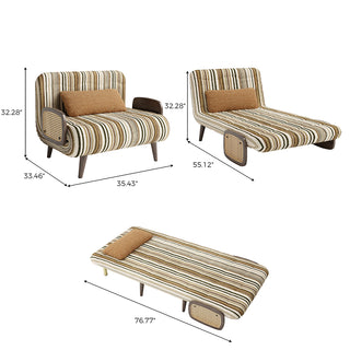 Product dimension diagram showing a 3-in-1 convertible accent chair sleeper in armchair mode, reclined chaise lounge mode, and fully extended single sleeper bed mode with detailed measurements in inches.