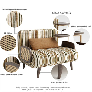 Product feature callout diagram of a convertible accent chair, detailing its striped bouclé-style upholstery, PE wicker side panels, multi-layer hardwood frame, solid ash wood legs, solid ash wood tabletop, and accent steel support post.