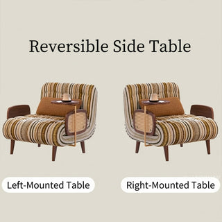 Comparison diagram illustrating the reversible side table design of a striped convertible accent chair, showing Left-Mounted Table and Right-Mounted Table configuration options.