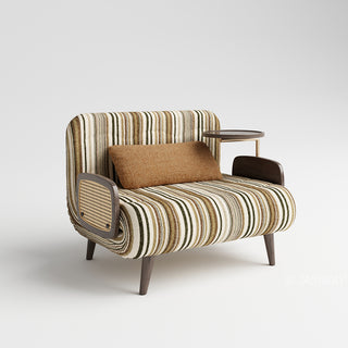 Three-quarter studio product shot of a convertible accent armchair upholstered in olive green, brown, and cream striped bouclé fabric, featuring woven rattan armrest panels, a brown lumbar pillow, solid ash wood legs, and an attached swiveling side tray table set against a plain white background.