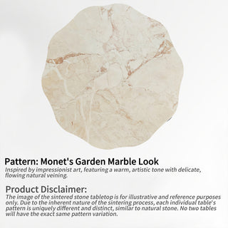 Flat lay view of a Monet's garden marble look sintered stone dining tabletop with scalloped wave edges and natural veining disclaimer text.