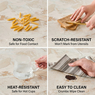 4-grid feature infographic for a marble look sintered stone dining table top showing non-toxic food safety, scratch resistance, heat resistance, and easy cleaning.
