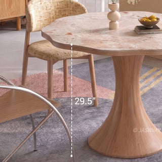 Dimension diagram of a modern scalloped wave-edge marble round dining table showing standard 29.5 inch height with a flared wooden pedestal base.