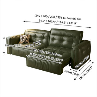 A technical product specification diagram outlines the dimensions of a dark green leather sectional sofa. 