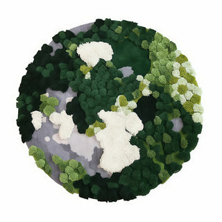 RINGCHEN hand-tufted round area rug with a 3D forest moss design, featuring sculptural high-low pile in shades of deep emerald, sage green, and earthy grey to mimic a natural forest floor.-Flat lay