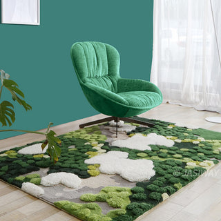 RINGCHEN hand-tufted round area rug with a 3D forest moss design, featuring sculptural high-low pile in shades of deep emerald, sage green, and earthy grey to mimic a natural forest floor.-Front eye-level view