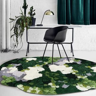 RINGCHEN hand-tufted round area rug with a 3D forest moss design, featuring sculptural high-low pile in shades of deep emerald, sage green, and earthy grey to mimic a natural forest floor.-Wide-angle lifestyle shot