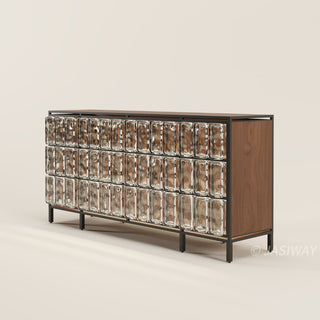 RINGCHEN architectural glass block sideboard, modern luxury credenza featuring textured amber cast glass panels and solid wood frame, minimalist entryway console and dining room buffet with industrial black stainless steel metal legs.-45-degree view