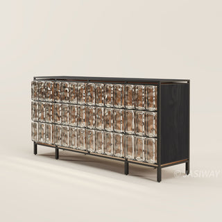 RINGCHEN architectural glass block sideboard, modern luxury credenza featuring textured amber cast glass panels and solid wood frame, minimalist entryway console and dining room buffet with industrial black stainless steel metal legs.-45-degree view