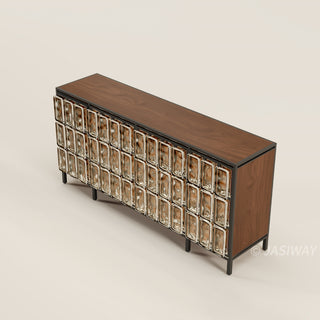 RINGCHEN architectural glass block sideboard, modern luxury credenza featuring textured amber cast glass panels and solid wood frame, minimalist entryway console and dining room buffet with industrial black stainless steel metal legs.-High-angle view