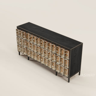 RINGCHEN architectural glass block sideboard, modern luxury credenza featuring textured amber cast glass panels and solid wood frame, minimalist entryway console and dining room buffet with industrial black stainless steel metal legs.-High-angle view