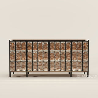 RINGCHEN architectural glass block sideboard, modern luxury credenza featuring textured amber cast glass panels and solid wood frame, minimalist entryway console and dining room buffet with industrial black stainless steel metal legs.-Front view