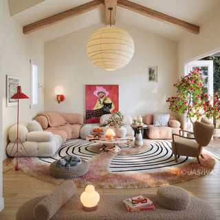 RINGCHEN petal pink and obsidian abstract round rug featuring a high-low tufted texture and organic circular ripples, showcases a hand-drawn tree ring motif with soft pink shaggy edges and crisp black line, blending modern minimalism with poetic visual storytelling.-Full room view