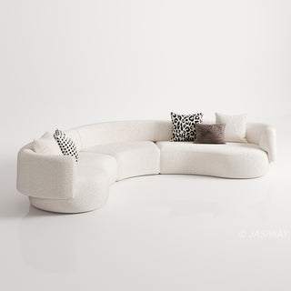 RINGCHEN luxury curved bouclé sectional sofa featuring a modular crescent moon design, upholstered in premium white cloud-textured bouclé fabric. This designer modular couch showcases a minimalist semi-circular silhouette, low-profile frame, and soft organic lines, ideal for modern luxury living rooms and contemporary open-concept spaces.-Three quarter view