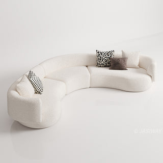 RINGCHEN luxury curved bouclé sectional sofa featuring a modular crescent moon design, upholstered in premium white cloud-textured bouclé fabric. This designer modular couch showcases a minimalist semi-circular silhouette, low-profile frame, and soft organic lines, ideal for modern luxury living rooms and contemporary open-concept spaces.-High-angle view