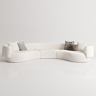 RINGCHEN luxury curved bouclé sectional sofa featuring a modular crescent moon design, upholstered in premium white cloud-textured bouclé fabric. This designer modular couch showcases a minimalist semi-circular silhouette, low-profile frame, and soft organic lines, ideal for modern luxury living rooms and contemporary open-concept spaces.-Front view
