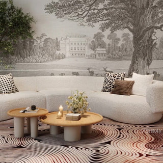 RINGCHEN luxury curved bouclé sectional sofa featuring a modular crescent moon design, upholstered in premium white cloud-textured bouclé fabric. This designer modular couch showcases a minimalist semi-circular silhouette, low-profile frame, and soft organic lines, ideal for modern luxury living rooms and contemporary open-concept spaces.-Medium shot