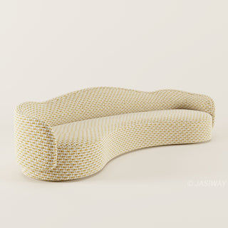 RINGCHEN luxury curved sofa featuring a sculptural serpentine silhouette and cloud-like contoured backrest, upholstered in a premium textured woven fabric with a detailed oatmeal and golden-hued interlaced pattern, designed for high-end organic modern living rooms and designer-led residential interiors.-Three quarter view