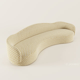 RINGCHEN luxury curved sofa featuring a sculptural serpentine silhouette and cloud-like contoured backrest, upholstered in a premium textured woven fabric with a detailed oatmeal and golden-hued interlaced pattern, designed for high-end organic modern living rooms and designer-led residential interiors.-High-angle view