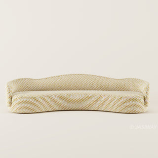 RINGCHEN luxury curved sofa featuring a sculptural serpentine silhouette and cloud-like contoured backrest, upholstered in a premium textured woven fabric with a detailed oatmeal and golden-hued interlaced pattern, designed for high-end organic modern living rooms and designer-led residential interiors.-Front view