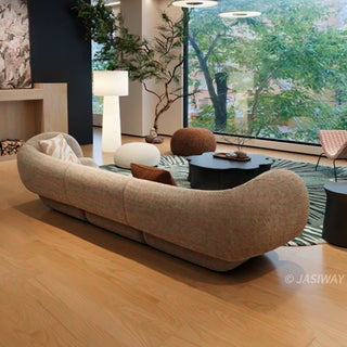 RINGCHEN luxury Italian curved pod sofa featuring a sculptural, ergonomic silhouette with premium cotton-linen upholstery, a 3-seater modular pod design with distinctive rounded bolsters and a seamless, low-profile aesthetic for contemporary luxury living rooms.-Rear view