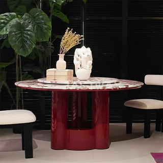 RINGCHEN luxury modern round dining table featuring a premium Calacatta-style marble tabletop with distinctive veining, equipped with a matching Lazy Susan, supported by a sculptural high-gloss burgundy lacquer pedestal base for a sophisticated contemporary aesthetic.-Front View